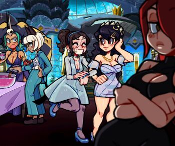 5girls alcohol alternate_costume blush bob_cut bowl breasts brown_hair cat_girl cerebella_(skullgirls) choker cleavage cleavage_cutout clothing_cutout crossed_arms cup dark-skinned_female dark_skin disposable_cup dress earrings filia_(skullgirls) flask formal_clothes full_body green_hair grin hair_over_one_eye hat highleg jewelry large_breasts lips long_hair looking_to_the_side mercysstrap ms._fortune_(skullgirls) multiple_girls necklace painwheel_(skullgirls) parasoul_(skullgirls) red_hair scar screenshot_background skullgirls smile suit surprised vice-versa_(skullgirls) white_hair