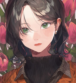 1girl black_hair closed_mouth commentary curtained_hair earclip earrings expressionless flower forehead green_eyes hami_yura jewelry looking_at_viewer medium_hair original pearl_earrings pink_flower pink_tulip portrait red_lips solo symbol-only_commentary tulip turtleneck wing_collar