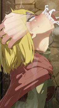 1boy 1girl absurdres alicia_glenfall bar_censor blonde_hair blush breasts cape censored clevatess:_majuu_no_ou_to_akago_to_shikabane_no_yuusha cum cum_in_mouth cum_overflow deepthroat disembodied_penis fellatio green_shirt hands_on_another&#039;s_head hetero highres irrumatio long_sleeves medium_breasts mizumizuni oral penis red_cape shirt short_hair solo_focus sweat