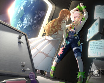 2girls airani_iofifteen airani_iofifteen_(1st_costume) anya_melfissa artist_logo barefoot blue_overalls breasts broken broken_chain brown_hair chain clenched_hand commission cuffs denim_overalls dress earth_(planet) green_footwear green_ribbon grey_hair hair_bun hair_ribbon hololive hololive_indonesia landacdeus logo long_hair long_tongue medium_breasts multicolored_ribbon multiple_girls overalls paint_on_clothes paint_splatter paint_splatter_on_face paint_tube paintbrush palette_hair_ornament palette_print pants pants_rolled_up pink_ribbon planet polka_dot polka_dot_ribbon pouch purple_eyes rape ribbon saliva shackles shirt shoes three-quarter_sleeves sneakers striped_ribbon sun sweater syringe thigh_pouch tongue tongue_grab very_long_tongue virtual_youtuber white_dress white_sweater yuri