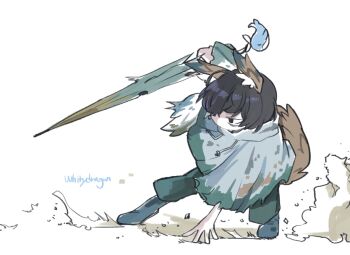 1boy animal_ears black_eyes black_hair blue_boots boots closed_umbrella commentary e.g.o_(project_moon) english_commentary fox_ears fox_tail full_body green_pants holding holding_umbrella limbus_company pants project_moon solo sunshower_(e.g.o) tail torn_umbrella umbrella white_poncho whitydragon yi_sang_(project_moon)