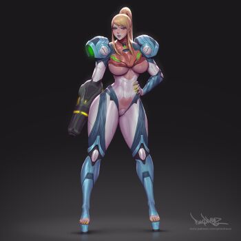 arm_cannon armor battle_suit battlesuit bikini_armor blonde_hair blue_lips blush body_armor bodysuit breasts cannon cleavage cleavage_cutout clothing_cutout crotch_cutout crotch_plate energy_cannon eyeliner feet fingernails gun hand_on_own_hip high_heels high_ponytail large_breasts lipstick long_fingernails makeup mecha_pilot_suit metroid metroid_dread mole mole_under_mouth nail_(hardware) nail_polish nintendo no_bra no_panties normal_suit_(metroid) pinkdrawz platform_footwear platform_heels plugsuit_(evangelion) ponytail power_suit_(metroid) revealing_clothes rocket_launcher samus_aran scared skin_tight solo swept_bangs thick_thighs thighs toeless_footwear toenail_polish toenails toes underboob underboob_cutout weapon wide_hips