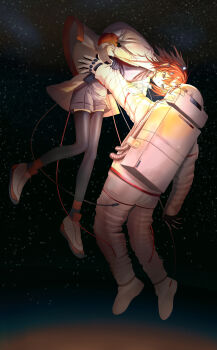 1girl 1other a.i._voice absurdres adachi_rei astronaut black_gloves black_thighhighs cable closed_mouth clothes_grab commentary_request floating gloves grey_shorts headlamp headset highres hirune_(suiminbusoku118) jacket long_sleeves looking_at_another open_clothes open_jacket orange_eyes orange_hair partial_commentary revision shoes shorts space spacesuit star_(sky) thighhighs utau white_jacket white_shoes