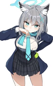 1girl alternate_breast_size_(larger) animal_ears blue_archive cowboy_shot looking_at_viewer school_uniform shiroko_(blue_archive) shirt solo thigh_gap urashima_jiro white_shirt wolf_ears