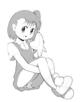 1girl absurdres blush digimon digimon_tamers dress euf-dreamer flat_chest hand_puppet highres katou_juri loli looking_at_viewer monochrome open_mouth panties ponytail print_panties puppet shirt shoes short_hair short_sleeves side_ponytail simple_background sitting sleeveless sleeveless_dress smile socks underwear white_background