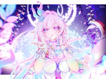 1girl absurdres bare_shoulders blowing_kiss breasts chinese_commentary commentary_request cyrene_(demiurge)_(honkai:_star_rail) cyrene_(honkai:_star_rail) diamond-shaped_pupils diamond_(shape) dress flower frilled_sleeves frills hair_flower hair_ornament hands_up heart highres honkai:_star_rail honkai_(series) large_breasts leaf long_hair looking_at_viewer multicolored_hair pink_hair pointy_ears purple_eyes solo star_(symbol) su_you symbol-shaped_pupils upper_body very_long_hair white_dress wrist_flower