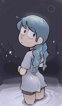 Rule 34 | 1girl, blue hair, braid, hilda (hilda), hilda (series), looking back, pajamas, pond, shirt, shorts, solo, spryavalanche, twin braids, wading