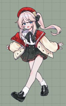 1girl absurdres bear_hair_ornament black_survival blue_eyes bow collared_shirt dated_commentary eternal_return:_black_survival full_body green_background grid_background hair_bow hair_ornament hat high-waist_skirt highres jacket jambujok leni_(black_survival) loafers long_hair long_sleeves looking_to_the_side neck_ribbon off_shoulder open_clothes open_jacket open_mouth pink_hair plaid_hat ribbon shirt shirt_tucked_in shoes side_ponytail skirt sleeves_past_wrists smile socks solo walking