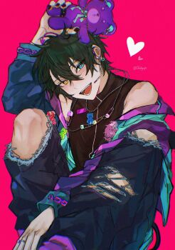 1boy arm_up black_hair black_nails blue_eyes bright_pupils chain commentary demon_tail ensemble_stars! feature_scout_2_(ensemble_stars!) fingernails hair_between_eyes headset heart highres holding holding_stuffed_toy jacket jewelry kagehira_mika layered_clothes long_sleeves looking_at_viewer male_focus nail_polish necklace official_alternate_costume open_clothes open_jacket open_mouth pants red_background ring safety_pin short_hair simple_background smile solo stuffed_animal stuffed_toy symbol-only_commentary tail teddy_bear teeth torn_clothes torn_pants twitter_username utahyaya white_pupils yellow_eyes