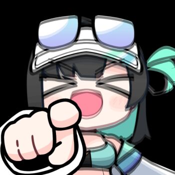 &gt;_&lt; 1girl :d acomu414 animated animated_gif black-framed_eyewear black_hair black_survival blue_hair blush_stickers breasts chibi closed_eyes debi_(black_survival) emphasis_lines eternal_return:_black_survival eyewear_on_head facing_viewer jacket laughing long_sleeves medium_breasts multicolored_hair open_clothes open_jacket open_mouth pointing pointing_at_viewer puffy_long_sleeves puffy_sleeves simple_background smile solo sunglasses transparent_background two-tone_hair upper_body visor_cap white_jacket xd