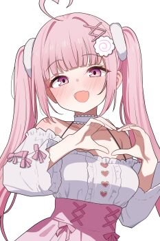 1girl absurdres ahoge bare_shoulders choker commentary commission dress english_commentary fang food-themed_hair_ornament frilled_choker frills hair_ornament heart heart_hands high-waist_skirt highres original pink_eyes pink_hair pink_skirt saho_4545 simple_background skin_fang skirt solo twintails upper_body white_background