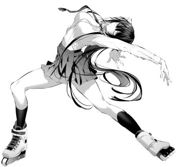 1girl breasts closed_mouth cross-laced_footwear dress_shirt greyscale hair_ribbon haite_kudasai_takamine-san highres hiiragi_yuuichi large_breasts leaning_back long_hair long_sleeves monochrome necktie one_eye_closed pleated_skirt ribbon roller_skates shadow shirt shirt_tucked_in skates skirt socks solo takamine_takane