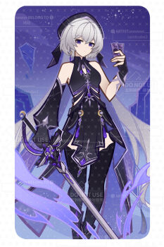 1girl bare_shoulders beret black_dress black_gloves black_thighhighs card chinese_text closed_mouth dress earrings english_text genius_invokation_tcg_(style) gloves grey_hair hat highres holding holding_sword holding_weapon jewelry long_hair looking_at_viewer mixed-language_text original purple_eyes saintcube2 single_earring single_glove sleeveless solo sword thighhighs twintails very_long_hair watermark weapon