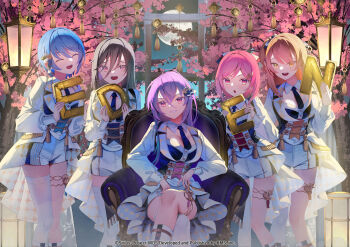 5girls black_hair blonde_hair blue_eyes blue_hair blush breasts brown_hair closed_eyes commentary_request fudeshima_shigure hair_between_eyes hair_ornament highres jacket japanese_clothes karasumori_daikoku kimono long_hair long_sleeves looking_at_viewer multiple_girls necktie official_art open_mouth pink_eyes pink_hair pleated_skirt purple_hair red_eyes renjakuno_hatsumi saraki short_hair sitting skirt smile thigh_strap thighhighs toneri_nikako white_skirt wide_sleeves world_dai_star yellow_eyes yorozu_iruru