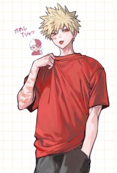2boys arm_up bakugou_katsuki black_pants blonde_hair boku_no_hero_academia burn_scar commentary_request crew_neck facial_scar feet_out_of_frame grid_background hand_in_pocket highres lidi6 looking_to_the_side male_focus multicolored_hair multiple_boys multiple_scars pants red_eyes red_hair red_shirt scar scar_on_arm scar_on_cheek scar_on_face shirt short_hair short_sleeves sideways_glance solo_focus spiked_hair split-color_hair standing t-shirt thumbs_up todoroki_shoto tongue tongue_out translation_request white_hair