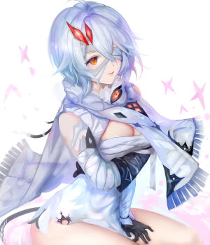 1girl arm_under_breasts bandage_over_one_eye black_gloves breasts cloak commentary_request dress duet_night_abyss gloves hair_between_eyes highres large_breasts looking_at_viewer orange_eyes parted_lips phoxhunter_(duet_night_abyss) scarf simple_background sitting solo suterisu the_girl_in_the_dream_(duet_night_abyss) thighs white_background white_cloak white_dress white_scarf