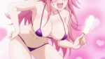 10s 1girl animated arahabaki_nonko bikini bouncing bouncing_breasts breasts food glasses green_eyes highres huge_breasts licking long_hair micro_bikini pink_hair purple_bikini sexually_suggestive sound swimsuit tongue tongue_out video yuragisou_no_yuuna-san