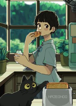 1girl animal artist_name black_hair bottle bread bread_slice cat eating electric_fan food grey_shirt highres holding holding_food kitchen korean_commentary looking_at_viewer milk_bottle mole mole_on_cheek nazeondo original pixel_art plant potted_plant shirt short_hair short_sleeves sink toast toaster window