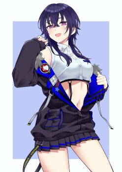 1girl absurdres black_hair black_jacket breasts cowboy_shot crop_top crossed_bangs fur-trimmed_jacket fur_trim hair_between_eyes highres ichinose_uruha ichinose_uruha_(4th_costume) jacket long_hair lupinus_virtual_games medium_breasts midriff miniskirt multicolored_hair navel off_shoulder open_mouth partially_open_jacket pleated_skirt purple_eyes shirt skirt sleeveless sleeveless_shirt solo streaked_hair uwanosora000 virtual_youtuber vspo! white_shirt