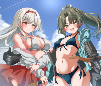 2girls arrow_(projectile) bikini blue_bikini blue_jacket blue_sky blush border breasts cleavage closed_mouth commentary_request day flight_deck front-tie_bikini_top front-tie_top green_eyes green_hair hair_ribbon hairband headband highres hood hooded_jacket jacket jacket_over_swimsuit kantai_collection kasashi_(kasasi008) long_hair looking_at_viewer multiple_girls navel o-ring o-ring_bikini o-ring_top off-shoulder_shirt off_shoulder official_alternate_costume official_alternate_hairstyle outdoors ponytail quiver red_headband red_skirt ribbon shirt shoukaku_(kancolle) side-tie_bikini_bottom skirt sky small_breasts smile swimsuit white_bikini white_border white_hair white_ribbon white_shirt yellow_eyes yumi_(bow) zuikaku_(kancolle) zuikaku_(swimsuit)_(kancolle)