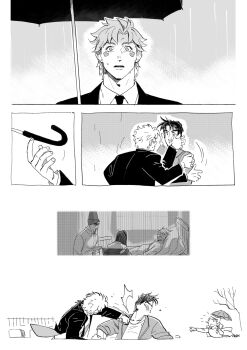 alternate_universe bandages caesar_anthonio_zeppeli comic face_punch facial_mark formal_clothes greyscale hakmonss highres in_the_face injury jojo_no_kimyou_na_bouken joseph_joestar joseph_joestar_(young) lisa_lisa messina_(jojo) monochrome necktie punching rain suit suzi_q umbrella