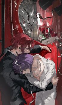 1boy 1girl absurdres black_jacket black_suit bouquet breasts chain cleavage closed_eyes curtain_grab curtains flower formal_clothes hand_on_another&#039;s_waist headset hetero highres hug indoors jacket jewelry light_particles long_hair long_sleeves looking_down low_ponytail mau_sakura necklace original pants parted_lips ponytail profile purple_hair red_flower red_hair red_rose rose shirt short_hair smile standing streamers suit sweat white_shirt