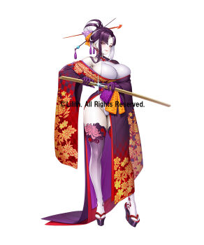 1girl breasts curvy eyelashes eyeshadow full_body gloves hair_bun hair_ornament holding holding_weapon japanese_clothes kabashima_mikuni kimono large_breasts lilith-soft lips long_hair makeup multicolored_hair pale_skin purple_gloves purple_hair shiny_skin smile solo taimanin_(series) taimanin_rpgx taimanun thong two-tone_hair weapon white_hair wide_hips