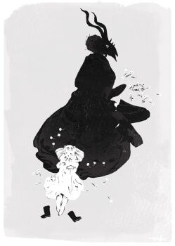 1boy 1girl body_fur boots child coat dress flower furry furry_male grey_background greyscale horns looking_at_another looking_back lying monochrome nagabe on_back sensei_(totsukuni_no_shoujo) shiva_(totsukuni_no_shoujo) shoes simple_background sitting totsukuni_no_shoujo unworn_shoes