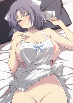 1girl absurdres apron areola_slip bar_censor bare_arms bed_sheet blue_eyes blush bow breasts censored chimunge cleavage cleft_of_venus collarbone commentary_request grey_hair groin hair_bow highres large_breasts looking_at_viewer lying naked_apron navel nipple_slip nipples on_back on_bed paid_reward parted_lips pillow pussy senran_kagura senran_kagura_burst senran_kagura_burst_re:newal senran_kagura_estival_versus senran_kagura_shinovi_versus solo twitter_username white_bow yumi_(senran_kagura)
