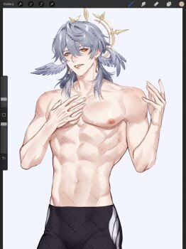 Rule 34 | 1boy, abs, black male swimwear, earrings, grey hair, hair between eyes, halo, halo behind head, head wings, highres, honkai: star rail, honkai (series), jewelry, long hair, male focus, male swimwear, muscular, muscular male, navel, nipples, rourouki, smile, solo, stomach, sunday (honkai: star rail), topless male, wings, yellow eyes