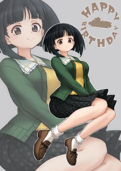 1girl absurdres amanone_yun black_eyes black_hair black_skirt blunt_bangs blunt_ends bob_cut bobby_socks brown_shoes cardigan casual closed_mouth collared_shirt commentary english_text floating girls_und_panzer gotou_moyoko green_cardigan grey_background happy_birthday highres legs_up loafers long_sleeves looking_at_viewer medium_skirt open_cardigan open_clothes outline pleated_skirt polka_dot polka_dot_skirt shirt shoes short_hair skirt smile socks solo white_outline white_socks yellow_shirt zoom_layer