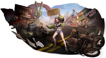 Rule 34 | 1girl, arrow (symbol), artist request, billboard, cactus, clapperboard, cutoff jeans, cutoffs, demolia (path to nowhere), denim, denim shorts, fingerless gloves, gloves, goggles, goggles on head, harness, highres, hitchhiking, motor vehicle, motorcycle, o-ring, o-ring harness, official art, path to nowhere, recycle bin, recycling symbol, red hair, road, road sign, shorts, sign, tape, toolbox, tools, trash bag, unused tire, v, wrench