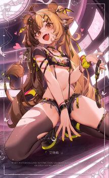 1girl absurdres ahoge animal_ears arm_between_legs asymmetrical_legwear black_choker black_shirt black_shoes black_shorts black_thighhighs blush bracelet breasts brown_eyes brown_hair choker commentary_request crop_top cropped_shirt cuffs de_da_xianyu denim denim_shorts english_text fang hair_ornament handcuffs highres holding holding_handcuffs jewelry long_hair looking_at_viewer micro_shorts multicolored_hair nail_polish navel open_mouth original scrunchie shirt shoes short_sleeves shorts small_breasts smile solo split-color_hair spread_legs squatting stomach suspenders tail tail_ornament thighhighs thighs torn_clothes torn_thighhighs twintails uneven_legwear very_long_hair wing_hair_ornament wrist_scrunchie x_hair_ornament yellow_nails