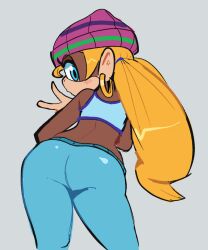 1girl artist_request ass back beanie blonde_hair blue_eyes blush brown_fur donkey_kong_(series) earrings fashion from_behind furry furry_female ganguro gesture gold_earrings grey_background gyaru hat headgear hoop jewelry looking_back midriff monkey_girl nintendo non-web_source pants piercing ring shirt short_twintails sign simple_background solo sweatpants tiny_kong twintails v