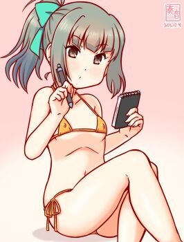 Rule 34 | 1girl, artist logo, bikini, breasts, brown eyes, commentary request, covered erect nipples, dated, feet out of frame, gold bikini, gradient background, green ribbon, hair ribbon, kanon (kurogane knights), kantai collection, logo, long hair, notepad, one-hour drawing challenge, pen, pink background, ponytail, ribbon, side-tie bikini bottom, sidelocks, sitting, small breasts, solo, swimsuit, yuubari (kancolle)