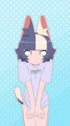 Rule 34 | 1girl, animal ear fluff, animal ears, animated, artist name, bandaid, bandaid on pussy, blue background, bob cut, bottomless, cat ears, cat girl, cat tail, clothes lift, evilfrap, looking down, multicolored hair, naked shirt, navel, original, outline, purple hair, shirt, shirt lift, shirt tug, short sleeves, solo, t-shirt, tagme, tail, video, watermark, white hair, white outline
