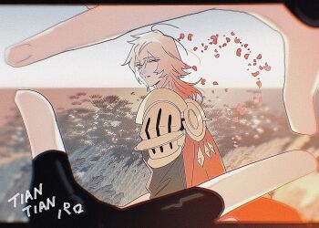 Rule 34 | 2boys, armlet, armor, artist name, black coat, black gloves, blonde hair, braid, coat, commentary request, falling petals, fingerless gloves, gloves, gradient hair, highres, honkai: star rail, honkai (series), jewelry, looking at viewer, male focus, medium hair, multicolored hair, multiple boys, mydei (honkai: star rail), pauldrons, petals, phainon (honkai: star rail), pov, pov hands, red hair, shoulder armor, shumatsu3210, side braid, single glove, single pauldron, yaoi, yellow eyes