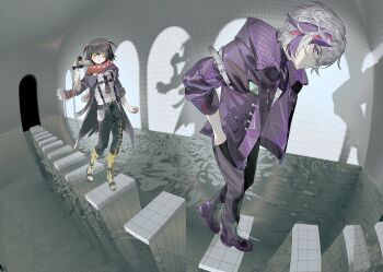 2boys absurdres arm_up backrooms_(creepypasta) black_coat black_hair boots camcorder camera coat commentary fisheye foreshortening full_body fuwa_minato fuwa_minato_(1st_costume) hair_between_eyes hand_in_pocket highres holding holding_camera indoors jacket kome_non looking_to_the_side male_focus mashiro_meme mashiro_meme_(1st_costume) multicolored_hair multiple_boys nijisanji open_clothes open_coat open_jacket purple_eyes purple_jacket quilted_jacket red_scarf scarf shadow short_hair standing standing_on_one_leg streaked_hair symbol-only_commentary tile_wall tiles two_side_up video_camera virtual_youtuber water white_hair yellow_boots yellow_eyes