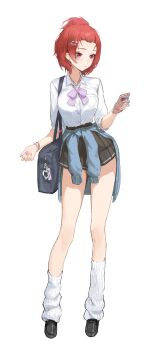 1girl absurdres alternate_costume bag bangs_pinned_back black_shoes black_skirt bow bowtie breasts charm_(object) chixia_(wuthering_waves) closed_mouth clothes_around_waist commentary full_body hashtag-only_commentary highres holding holding_charm medium_breasts pink_bow pink_bowtie red_eyes red_hair school_bag shirt shoes short_hair simple_background skirt socks solo white_background white_shirt white_socks wuthering_waves youngjoo_kjy