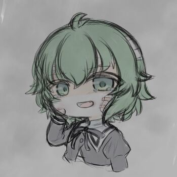 Rule 34 | 1girl, antenna hair, arm at side, assault lily, bandaged head, bandages, black ribbon, buttons, chibi, commentary, cropped arms, cropped jacket, gauze, gauze on cheek, gradient background, green eyes, green hair, grey background, hand on own cheek, hand on own face, hand up, highres, juliet sleeves, long sleeves, looking at viewer, neck ribbon, open mouth, puffy sleeves, ribbon, school uniform, smile, solo, tearing up, umi (s5r1umi 1399), yoshimura thi mai, yurigaoka girls academy school uniform