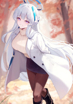 1girl absurdres black_boots blue_archive blush boots breasts brown_pantyhose coat commentary_request halo highres large_breasts long_hair looking_at_viewer mechanical_halo nezumi_(09261377) noa_(blue_archive) open_clothes open_coat pantyhose pencil_skirt purple_eyes skirt smile solo sweater white_coat white_hair