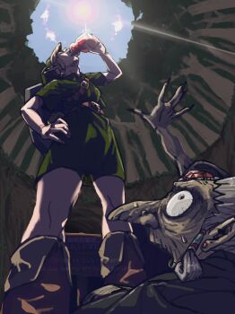 1boy 1girl absurdres boots brown_boots bulging_eyes d: drinking forehead_jewel forest from_below gameplay_mechanics green_tunic gus_uur hand_on_own_hip highres koume_(zelda) link nature nintendo old old_woman open_mouth potion reaching reaching_towards_another shield shield_on_back signpost the_legend_of_zelda the_legend_of_zelda:_majora's_mask tunic young_link