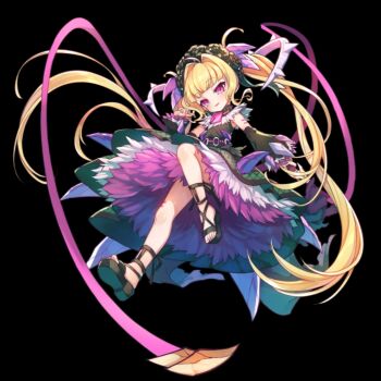 black_background black_dress black_hat black_sandals blonde_hair blunt_bangs blush child detached_sleeves dress flat_chest full_body hair_intakes hat highres long_hair merc_storia merc_storia_art_team official_art parted_lips pink_eyes rexina_(merc_storia) sandals simple_background sleeveless sleeveless_dress smile solo standing tachi-e tsurime twintails very_long_hair wide_sleeves