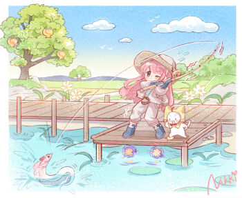 1girl animal animal_on_head artist_request backpack bag belt black_eyes blue_arm_warmers blue_footwear blue_shirt blue_sky blush_stickers boots border bow bowtie brown_bag brown_belt brown_eyes brown_hat brown_jacket brown_pants bush cat chibi closed_mouth clothed_animal cloud copyright_name daisy_(flower) day determined dock dot_nose eel fishing fishing_rod flower flying_sweatdrops frilled_pants frills frown hat holding holding_fishing_rod in-universe_location infinity_nikki jacket lily_pad long_sleeves looking_at_animal momo_(nikki) nikki_(nikki) nikki_(series) notice_lines official_art on_head one_eye_closed open_clothes open_jacket open_mouth outdoors pants pink_ribbon_eel_(infinity_nikki) pond puffy_long_sleeves puffy_sleeves red_bow red_bowtie ribbon-trimmed_headwear ribbon_trim ripples rippling_serenity_(infinity_nikki) rock second-party_source shirt simple_bird sky solid_oval_eyes splashing standing tareme traditional_bowtie tree trembling v-shaped_eyebrows whiskers white_border white_bow white_bowtie white_cat white_flower