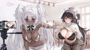 2girls alabama_(azur_lane) alabama_(through_your_lens_my_everything)_(azur_lane) azur_lane black_hair blurry blush breasts breasts_out camera choker dark-skinned_female dark_skin depth_of_field dress game_cg highres indoors jewelry large_breasts long_hair looking_at_viewer manjuu_(azur_lane) model multiple_girls non-web_source official_alternate_costume pointing ponytail red_eyes ribbon shirt sideboob sweater takao_(azur_lane) takao_(inner_cultivation)_(azur_lane) twintails video_camera white_choker white_dress white_hair white_ribbon white_shirt white_sweater yellow_eyes