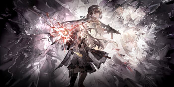 Rule 34 | 1boy, 5girls, absurdres, artist collaboration, artist request, black hair, black hat, black jacket, broken glass, bullet, colt 9mm smg, dalanxia, firing, girls' frontline, girls' frontline 2: exilium, glass, gun, h&amp;k ump, hat, highres, jacket, lenna (girls' frontline 2), leva (girls' frontline 2), multiple girls, official art, ro635 (girls' frontline), robella (girls' frontline 2), scar, scar across eye, scar on face, side ponytail, submachine gun, thighhighs, ump45 (girls' frontline), ump9 (girls' frontline), weapon, yellow jacket