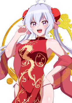 1girl ahoge blush breasts china_dress chinese_clothes clothing_cutout covered_navel dress hand_on_own_hip hip_vent large_breasts long_hair open_mouth pikumin64 purple_eyes senki_zesshou_symphogear side_slit simple_background smile solo twintails white_hair yukine_chris