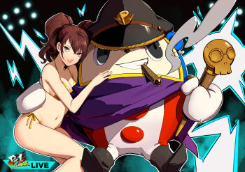 1girl bikini black_hat breasts brown_hair cigar cleavage commentary eightyfourart english_commentary grin hair_between_eyes halterneck hat highres kujikawa_rise kuma_(persona_4) lips long_hair medium_breasts military_hat persona persona_4 persona_4:_the_ultimate_in_mayonaka_arena pink_lips revision seductive_smile shadow_kuma shadow_rise side-tie_bikini_bottom sitting smile smoking string_bikini swept_bangs swimsuit twintails very_long_hair yellow_bikini