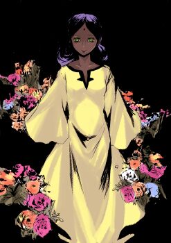 bindi black_background dark-skinned_female dark_skin dress female_focus flower green_eyes gundam lalah_sune mobile_suit_gundam skyfish_(naturalhoarder) solo