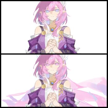 1girl absurdres bare_shoulders blue_eyes breasts chinese_commentary coat commentary_request cyrene_(aedes_elysiae)_(honkai:_star_rail) cyrene_(honkai:_star_rail) cyrene_(ripples_of_past_reverie)_(honkai:_star_rail) diamond-shaped_pupils diamond_(shape) dress hair_ornament halo highres honkai:_star_rail honkai_(series) jewelry long_hair looking_at_viewer multicolored_hair necklace own_hands_together pink_hair pointy_ears purple_coat self_cosplay short_hair simple_background small_breasts symbol-shaped_pupils two-tone_hair very_long_hair white_background white_dress white_hair youzaiyouzai143